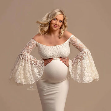 MQTIME  -   Lace Pagoda Sleeve Dresses Pregnancy Dress Photography Maternity Photography Props Fishtail Maternity Dresses For Photo Shoot